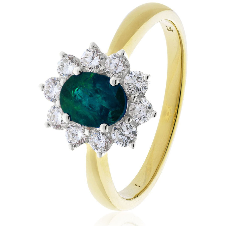 Emerald & Diamond Cluster Ring 0.75ct F-VS Quality in 18k Yellow Gold - My Jewel World