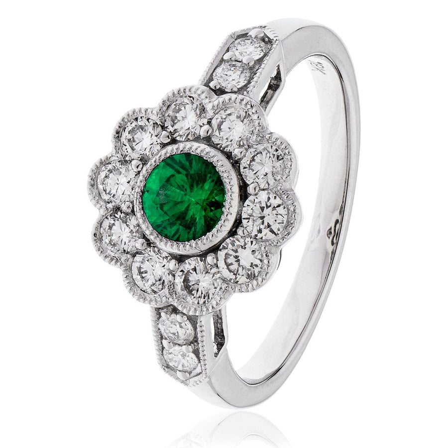 Emerald & Diamond Cluster Ring 0.95ct F-VS Quality in 18k White Gold - My Jewel World
