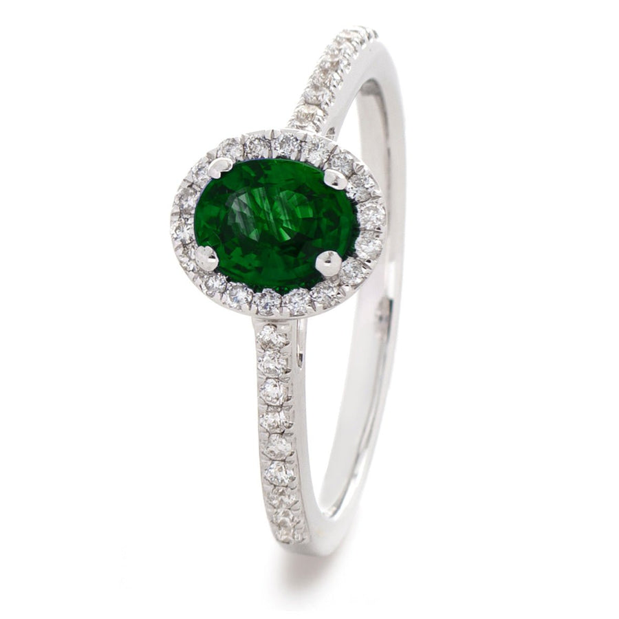 Emerald & Diamond Halo Ring 1.10ct F-VS Quality 18k White Gold - My Jewel World