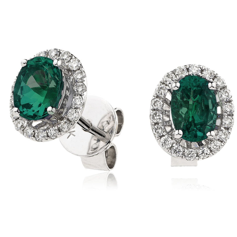 Emerald & Diamond Oval Cluster Earrings 1.00ct in 18k White Gold - My Jewel World