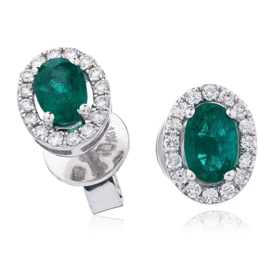 Emerald & Diamond Oval Cluster Earrings 1.30ct in 18k White Gold - My Jewel World