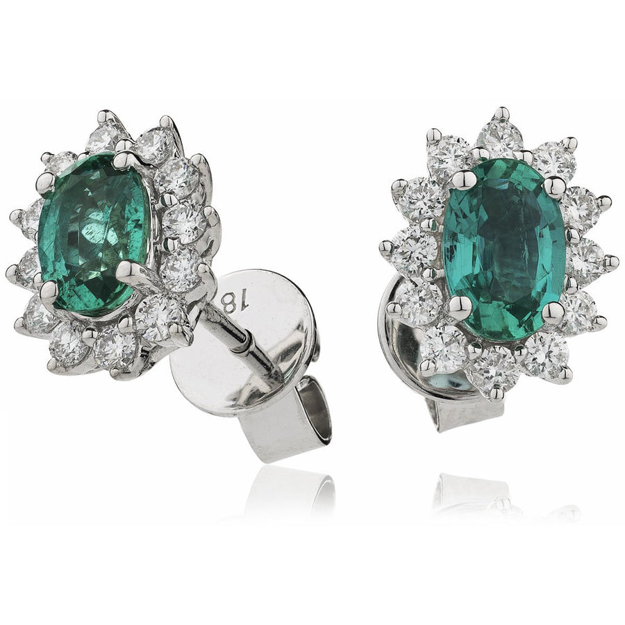 Emerald & Diamond Oval Cluster Earrings 1.40ct in 18k White Gold - My Jewel World