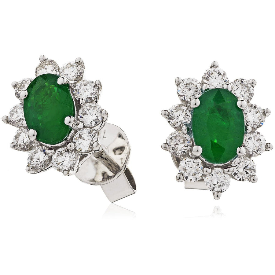 Emerald & Diamond Oval Cluster Earrings 1.50ct in 18k White Gold - My Jewel World