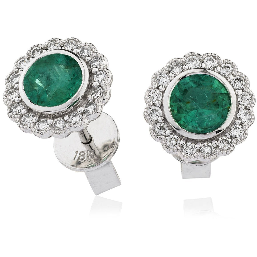 Emerald & Diamond Round Cluster Earrings 0.50ct in 18k White Gold - My Jewel World