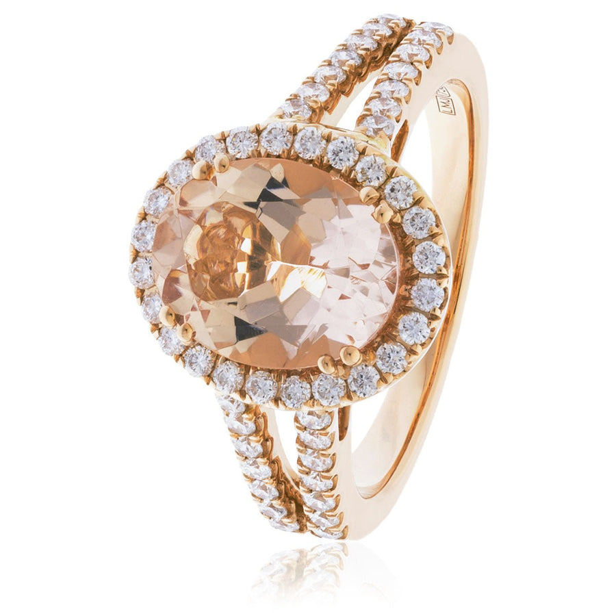 Morganite & Diamond Halo Ring 1.00ct F-VS Quality in 18k Rose Gold - My Jewel World