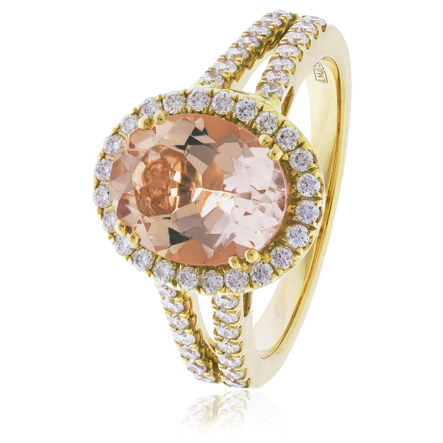 Morganite & Diamond Halo Ring 1.00ct F-VS Quality in 18k Yellow Gold - My Jewel World