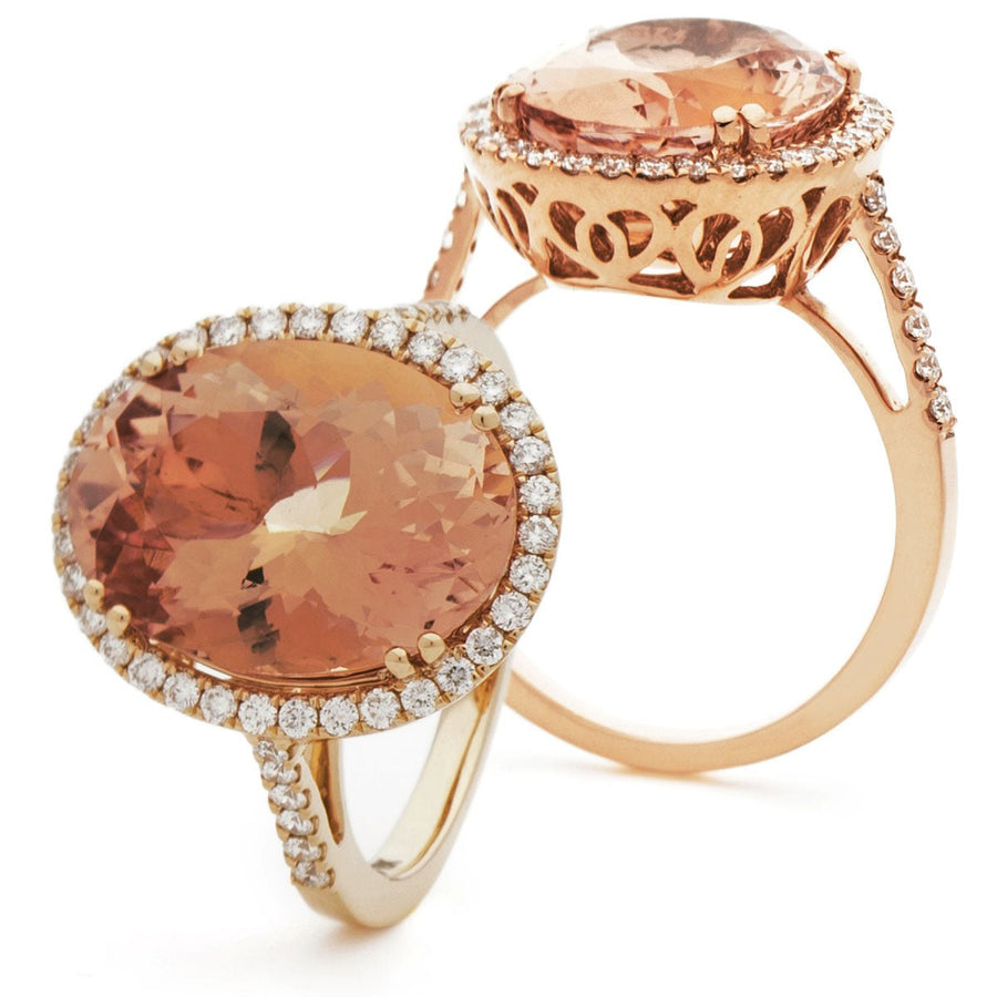 Morganite & Diamond Halo Ring 13.50ct F-VS Quality in 18k Rose Gold - My Jewel World