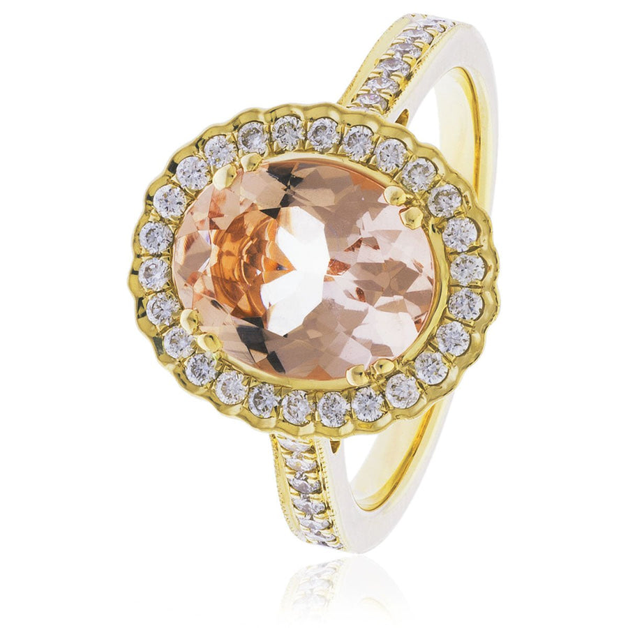 Morganite & Diamond Halo Ring 1.40ct F-VS Quality in 18k Yellow Gold - My Jewel World