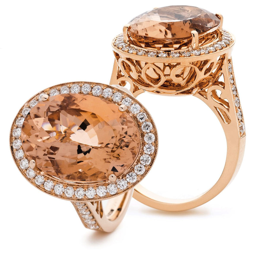 Morganite & Diamond Halo Ring 14.10ct F-VS Quality in 18k Rose Gold - My Jewel World