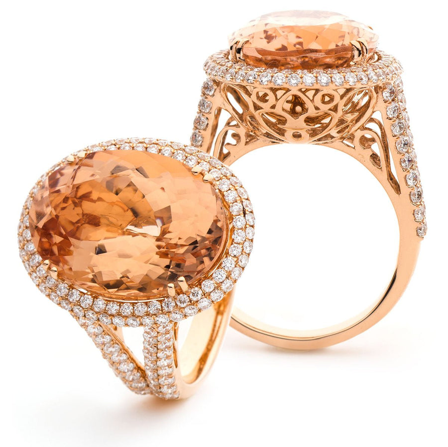 Morganite & Diamond Halo Ring 14.86ct F-VS Quality in 18k Rose Gold - My Jewel World