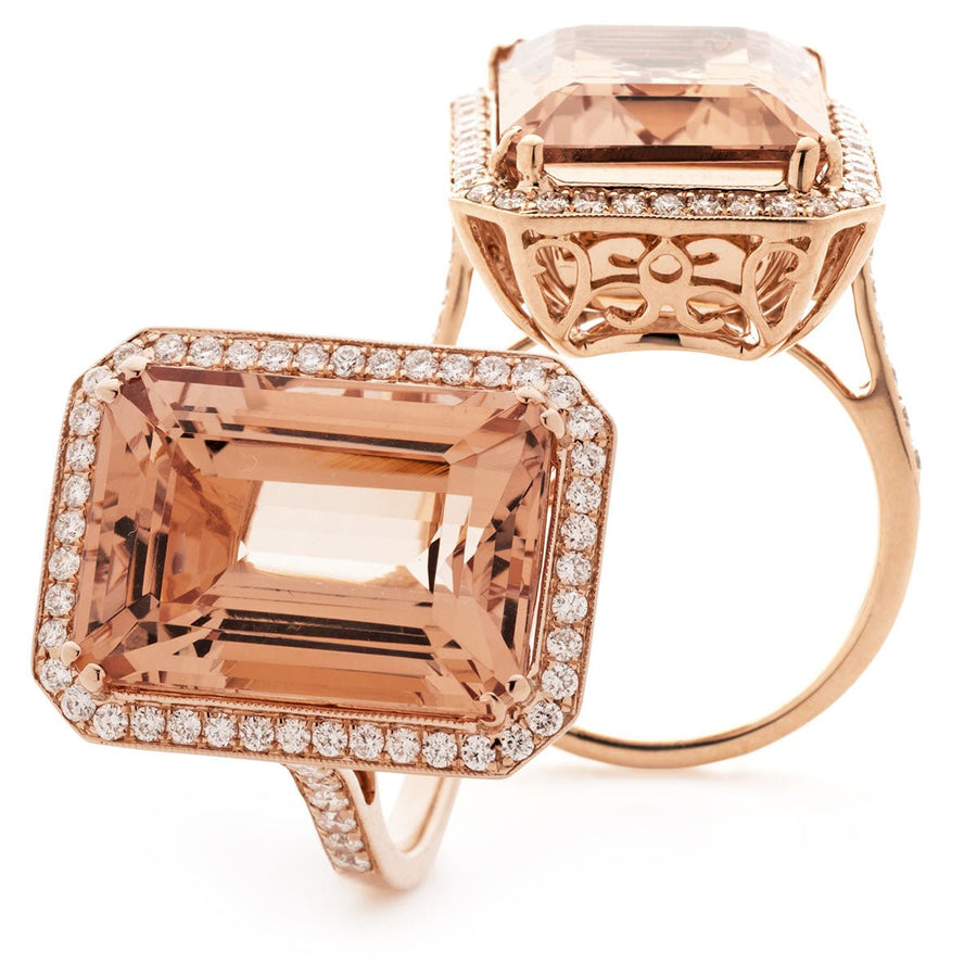 Morganite & Diamond Halo Ring 17.89ct F-VS Quality in 18k Rose Gold - My Jewel World