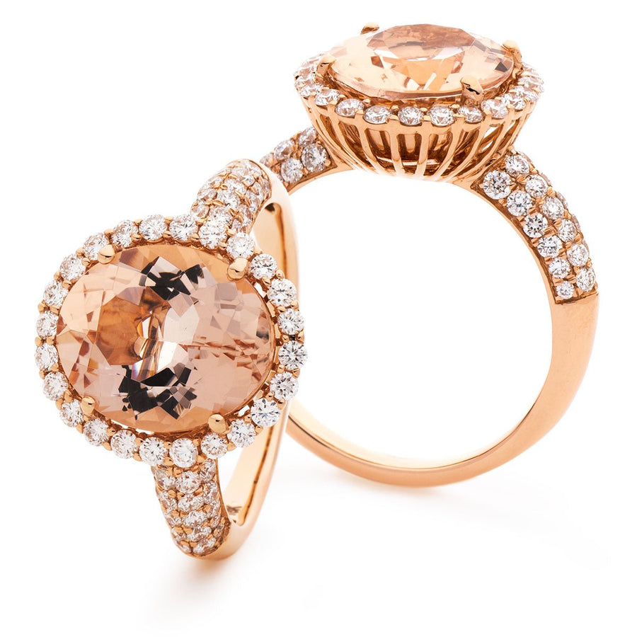 Morganite & Diamond Halo Ring 4.85ct F-VS Quality in 18k Rose Gold - My Jewel World