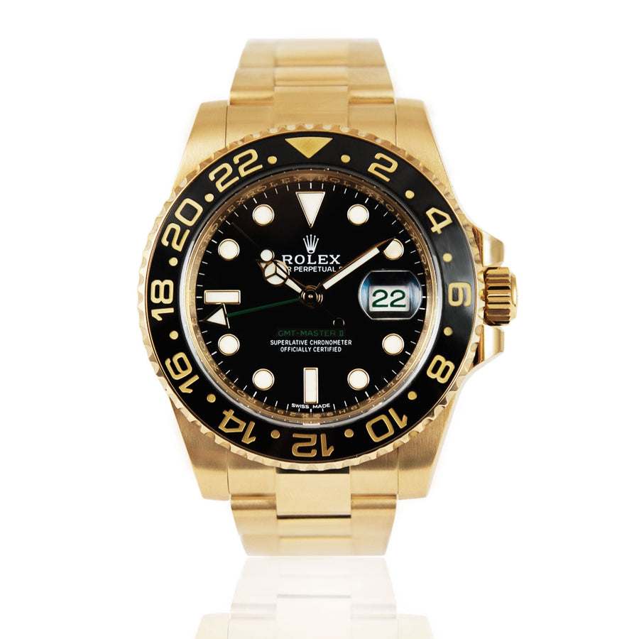 Pre-Owned Rolex GMT-Master II Black Dial 18k Yellow Gold Ref: 116718LN - My Jewel World