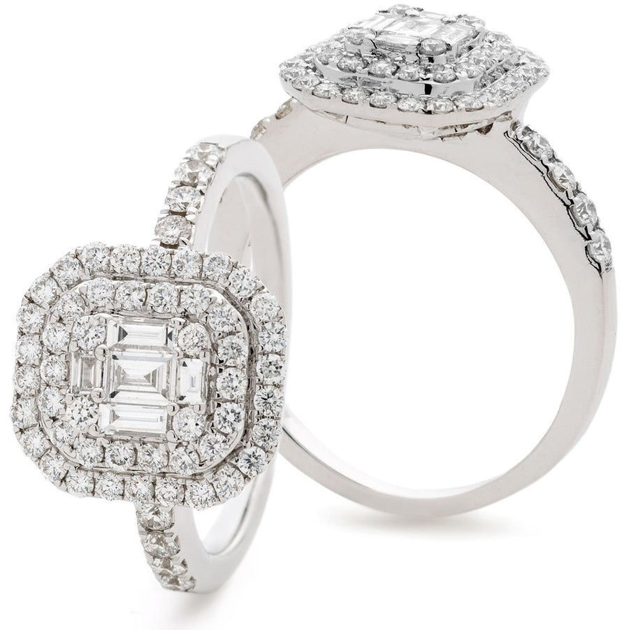 Rectangle Diamond Halo Cluster Ring 0.90ct F-VS Quality 18k White Gold - My Jewel World