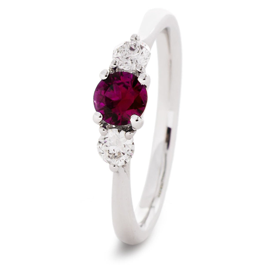 Ruby & Diamond 3 Stone Ring 0.88ct F-VS Quality in 18k White Gold - My Jewel World