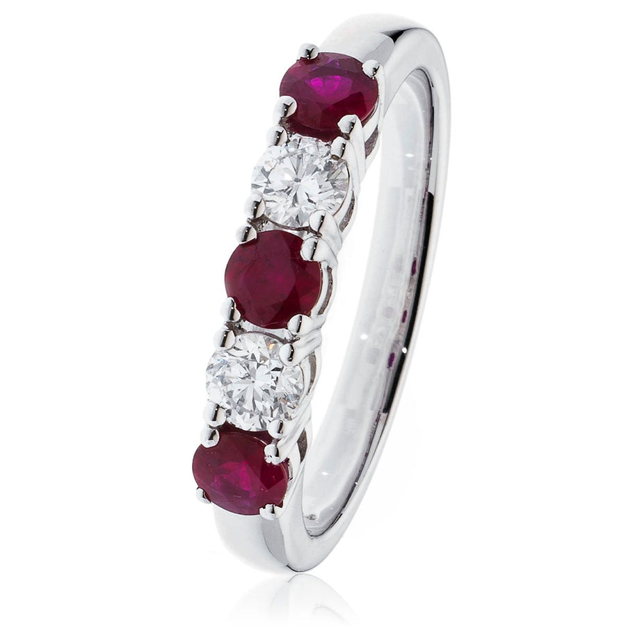 Ruby & Diamond 5 Stone Ring 0.85ct F-VS Quality in 18k White Gold - My Jewel World