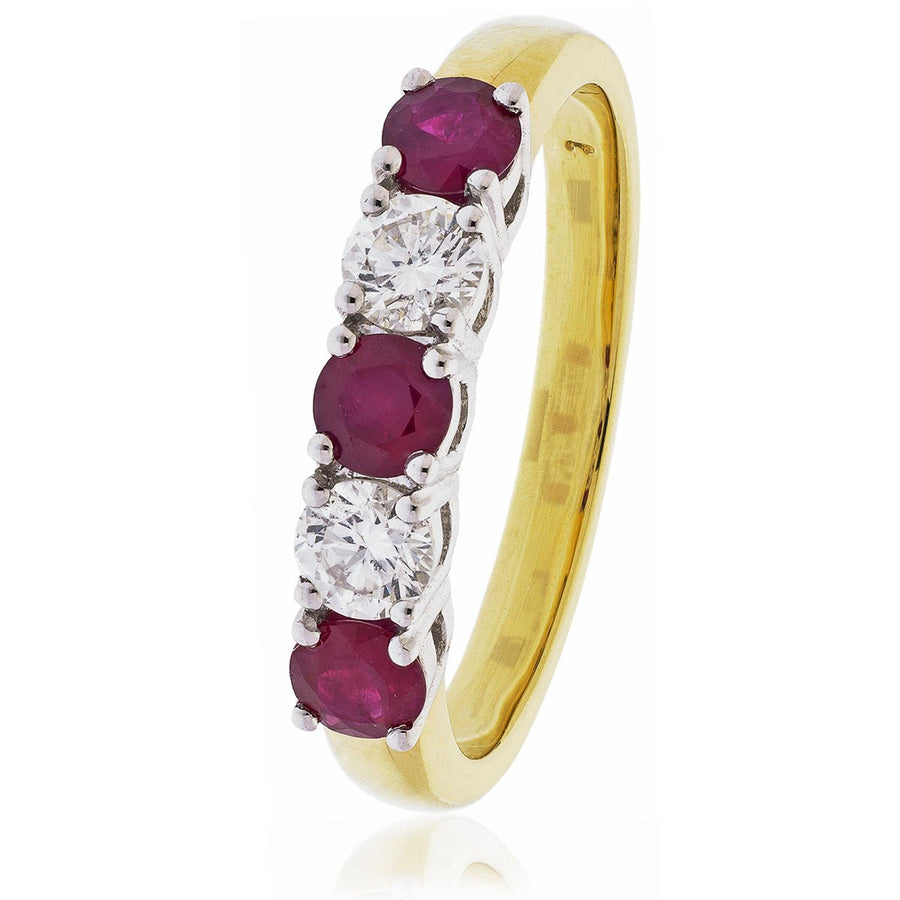 Ruby & Diamond 5 Stone Ring 0.85ct F-VS Quality in 18k Yellow Gold - My Jewel World