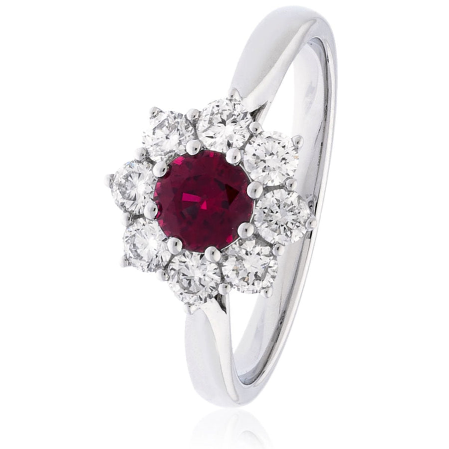 Ruby & Diamond Cluster Ring 0.50ct F-VS Quality in 18k White Gold - My Jewel World