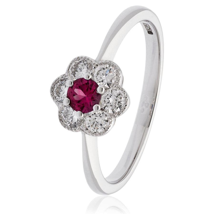 Ruby & Diamond Cluster Ring 0.55ct F-VS Quality in 18k White Gold - My Jewel World