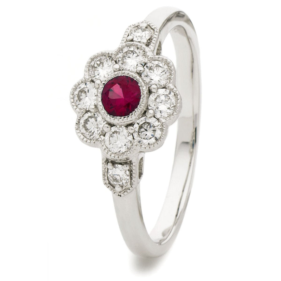 Ruby & Diamond Cluster Ring 0.60ct F-VS Quality in 18k White Gold - My Jewel World