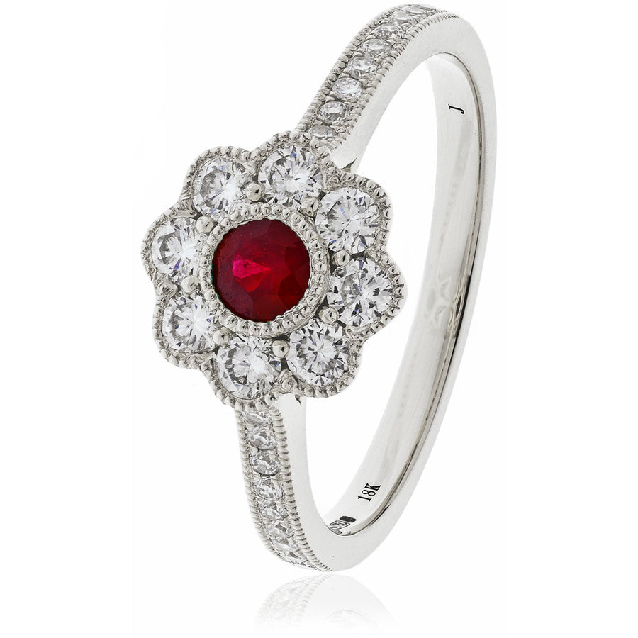 Ruby & Diamond Cluster Ring 0.75ct F-VS Quality in 18k White Gold - My Jewel World