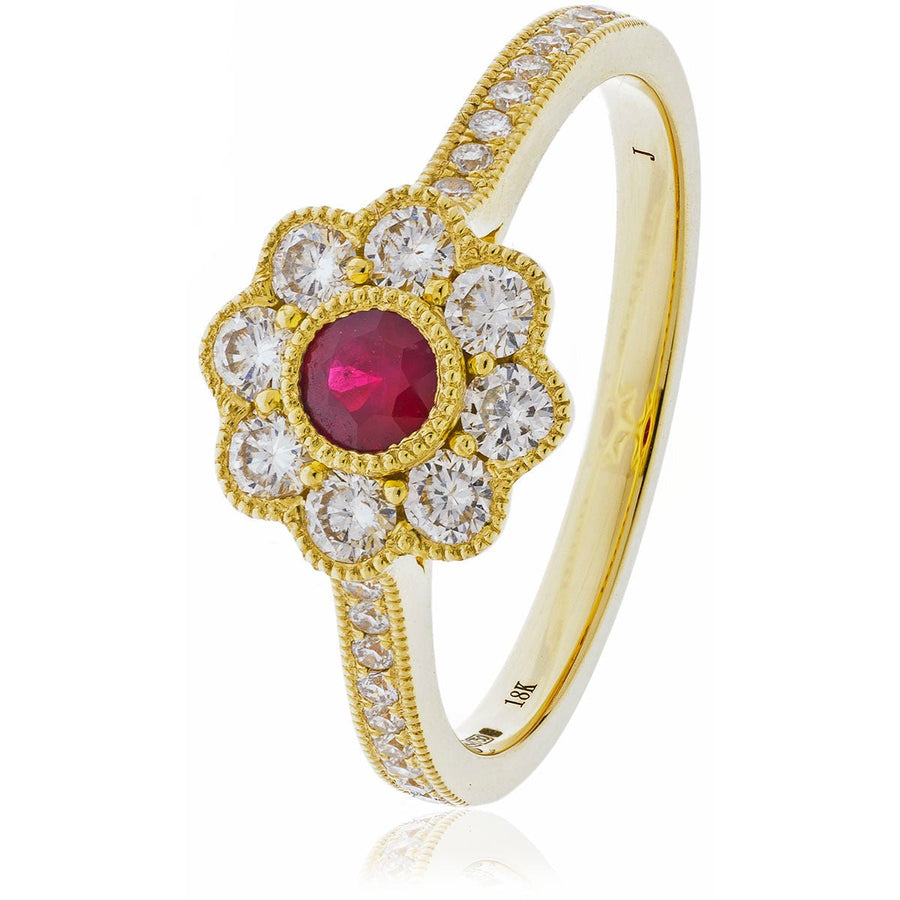 Ruby & Diamond Cluster Ring 0.75ct F-VS Quality in 18k Yellow Gold - My Jewel World