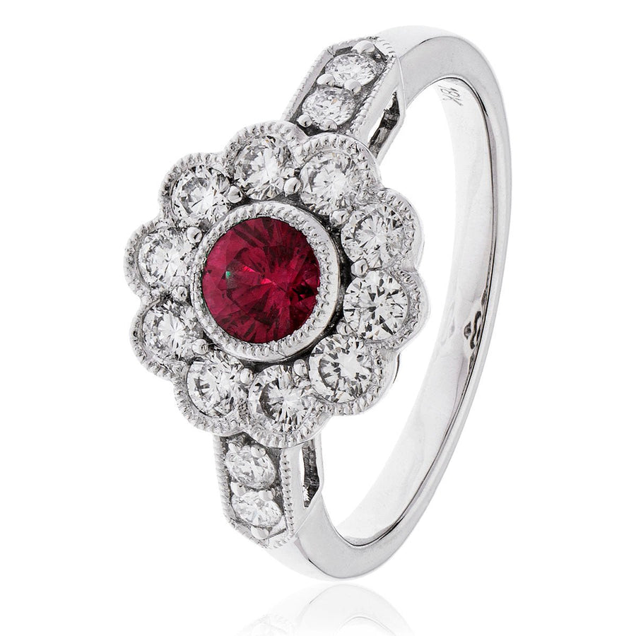 Ruby & Diamond Cluster Ring 1.05ct F-VS Quality in 18k White Gold - My Jewel World