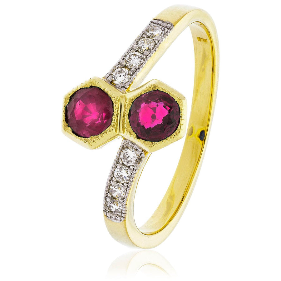 Ruby & Diamond Cross Over Ring 0.85ct F-VS Quality in 18k Yellow Gold - My Jewel World