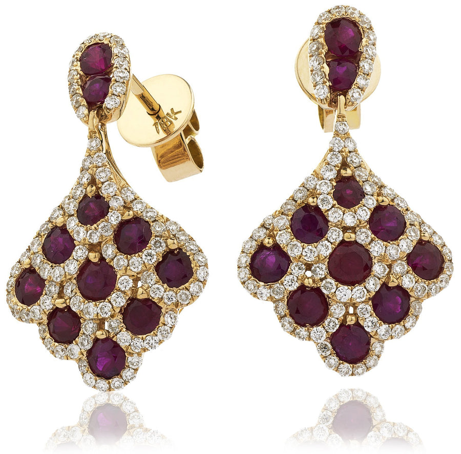 Ruby & Diamond Drop Earrings 2.20ct in 18k Yellow Gold - My Jewel World