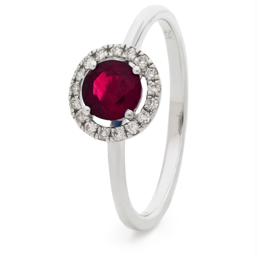 Ruby & Diamond Halo Engagement Ring 0.75ct F-VS Quality 18k White Gold - My Jewel World
