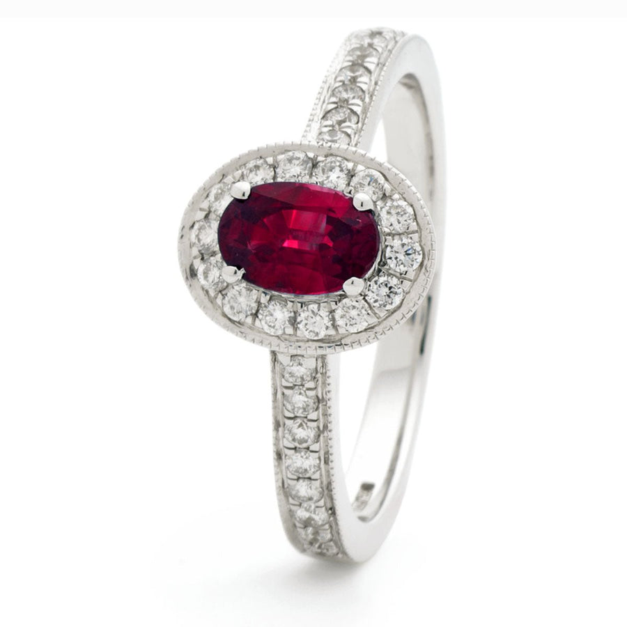 Ruby & Diamond Halo Engagement Ring 0.80ct F-VS Quality 18k White Gold - My Jewel World