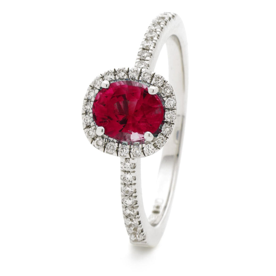 Ruby & Diamond Halo Engagement Ring 0.95ct F-VS Quality 18k White Gold - My Jewel World