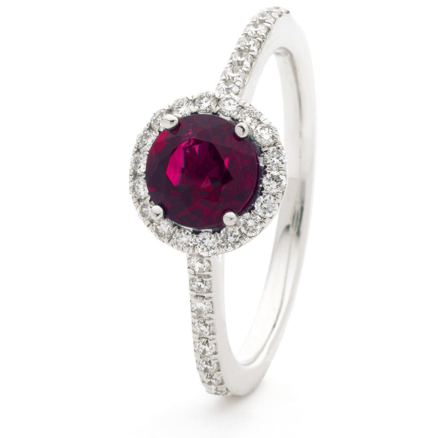 Ruby & Diamond Halo Engagement Ring 1.20ct F-VS Quality 18k White Gold - My Jewel World