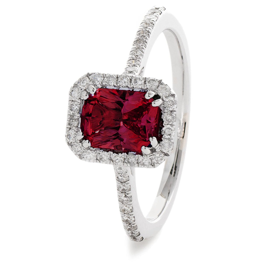 Ruby & Diamond Halo Engagement Ring 1.60ct F-VS Quality 18k White Gold - My Jewel World