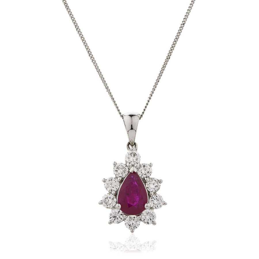 Ruby & Diamond Halo Necklace 0.65ct F VS Quality in 18k White Gold - My Jewel World