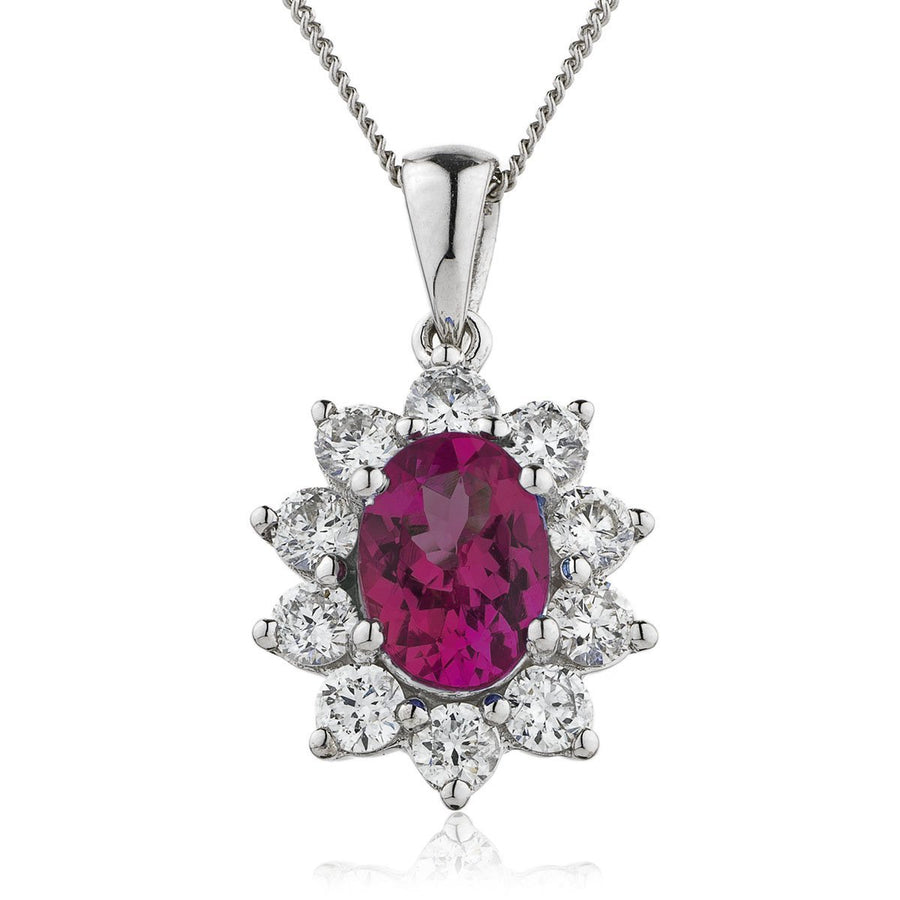 Ruby & Diamond Halo Necklace 0.80ct F VS Quality in 18k White Gold - My Jewel World