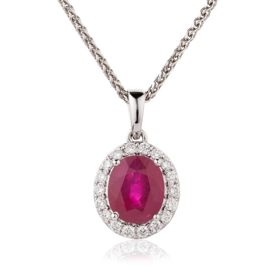 Ruby & Diamond Halo Necklace 1.25ct F VS Quality in 18k White Gold - My Jewel World