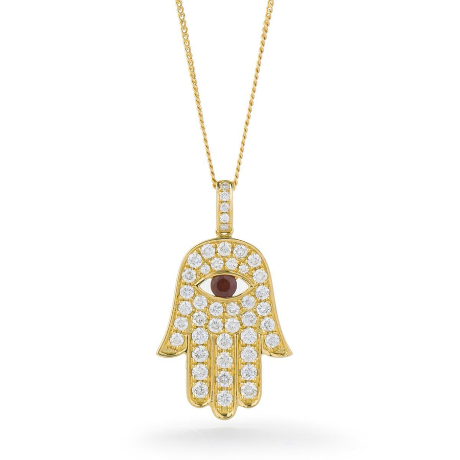 Ruby & Diamond Hamsa Necklace 0.33ct F VS Quality in 18k Yellow Gold - My Jewel World