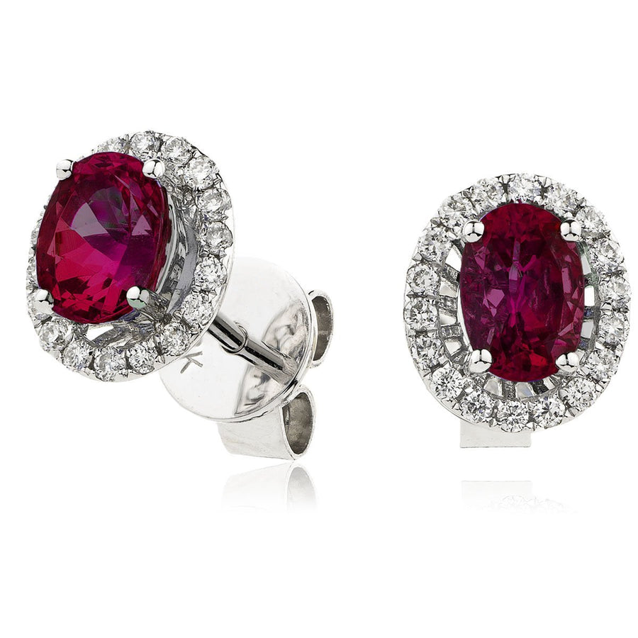 Ruby & Diamond Oval Cluster Earrings 0.90ct in 18k White Gold - My Jewel World