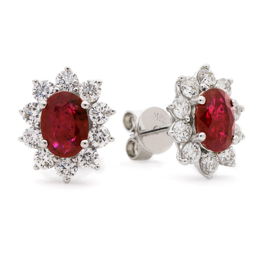 Ruby & Diamond Oval Cluster Earrings 1.60ct in 18k White Gold - My Jewel World