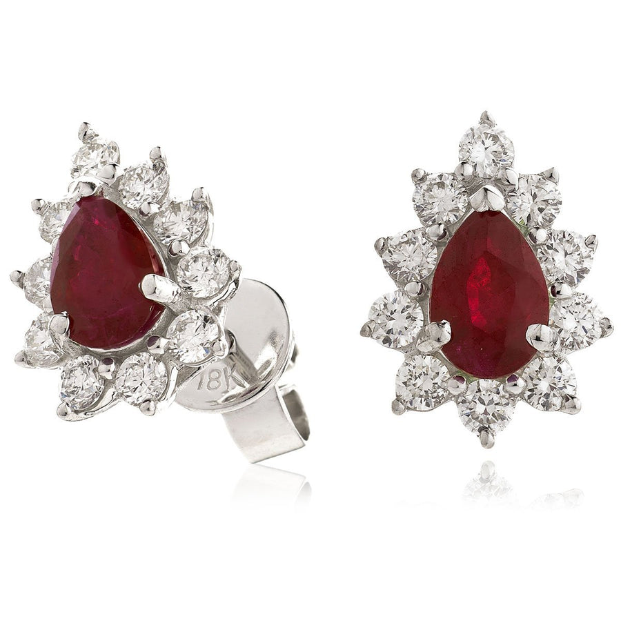 Ruby & Diamond Pear Cluster Earrings 1.30ct in 18k White Gold - My Jewel World