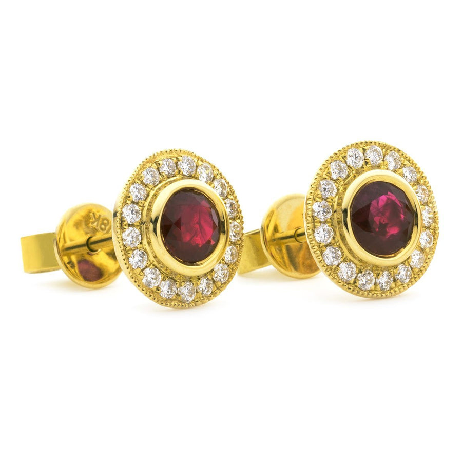Ruby & Diamond Round Cluster Earrings 0.90ct in 18k Yellow Gold - My Jewel World