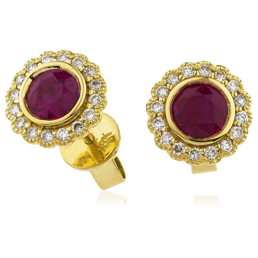 Ruby & Diamond Round Cluster Earrings 1.10ct in 18k Yellow Gold - My Jewel World