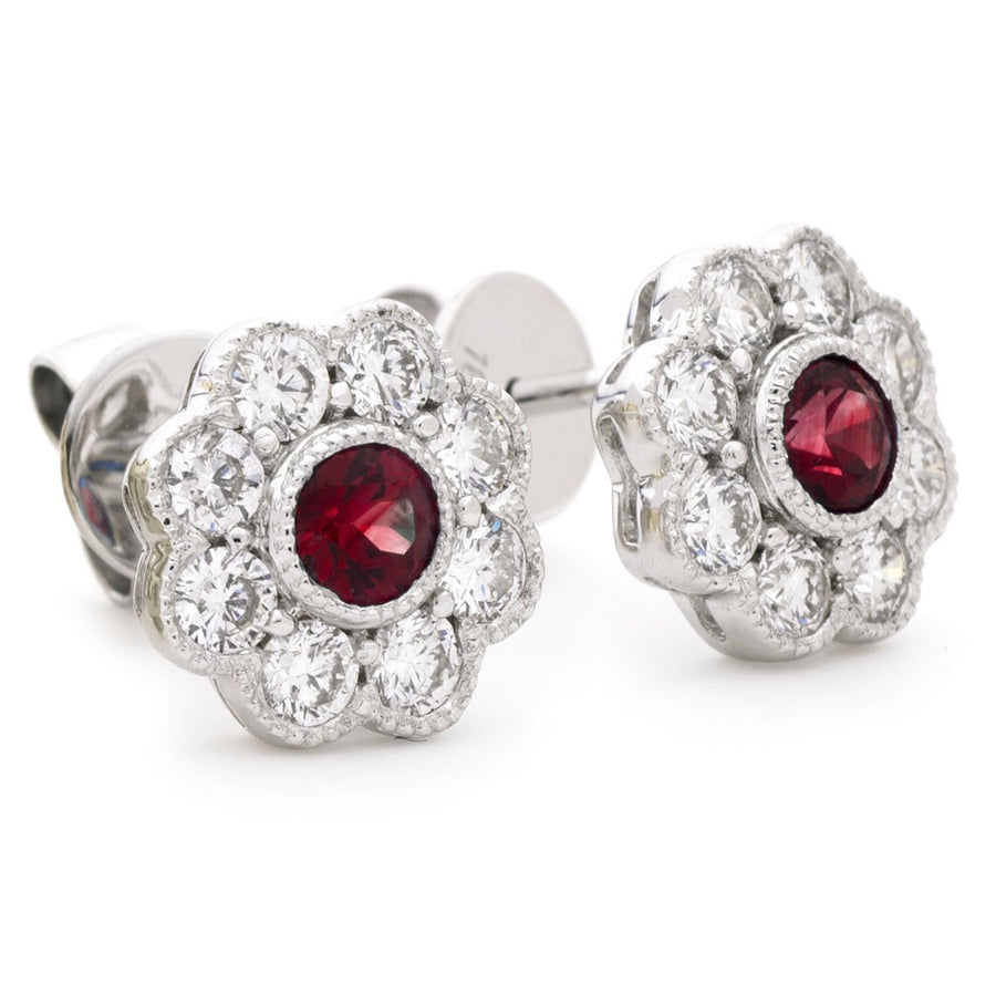 Ruby & Diamond Round Cluster Earrings 1.15ct in 18k White Gold - My Jewel World