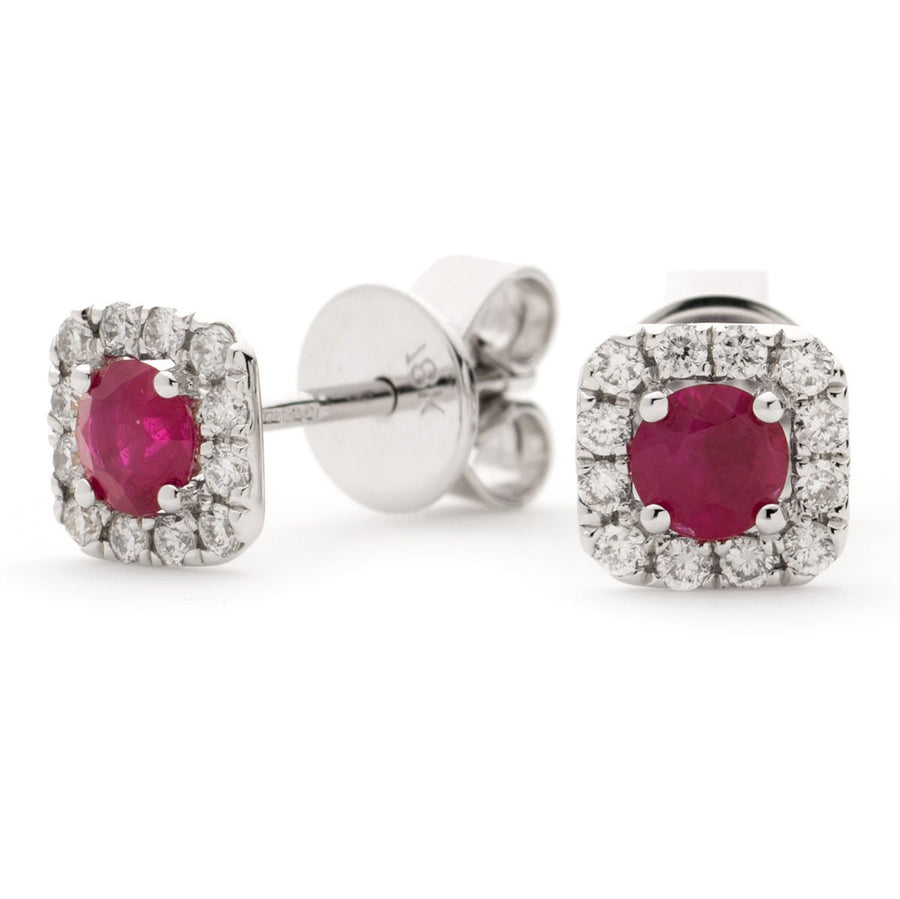Ruby & Diamond Square Cluster Earrings 0.60ct in 18k White Gold - My Jewel World