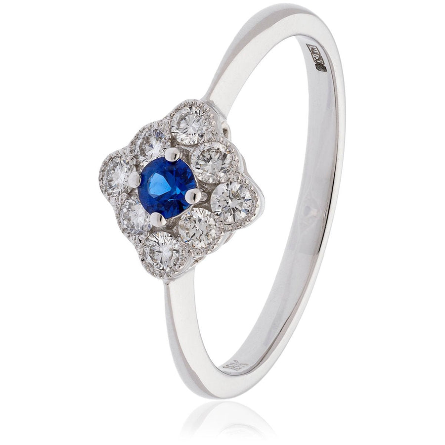 Sapphire & Diamond Cluster Ring 0.40ct F-VS Quality in 18k White Gold - My Jewel World