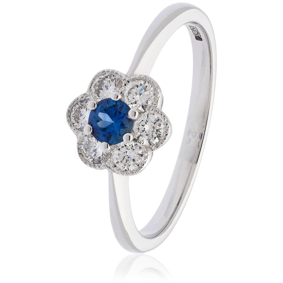 Sapphire & Diamond Cluster Ring 0.50ct F-VS Quality in 18k White Gold - My Jewel World