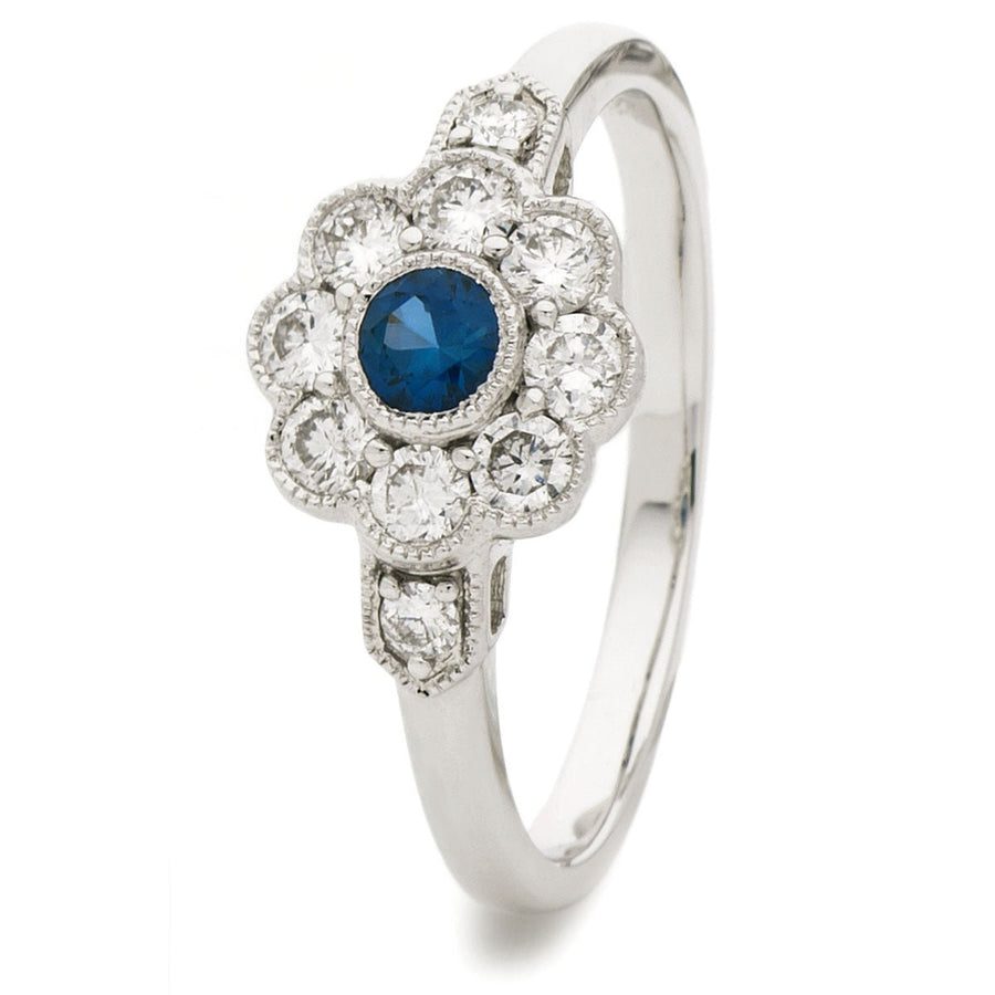 Sapphire & Diamond Cluster Ring 0.60ct F-VS Quality in 18k White Gold - My Jewel World