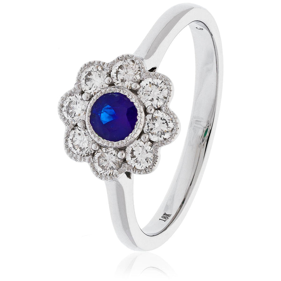 Sapphire & Diamond Cluster Ring 0.65ct F-VS Quality in 18k White Gold - My Jewel World