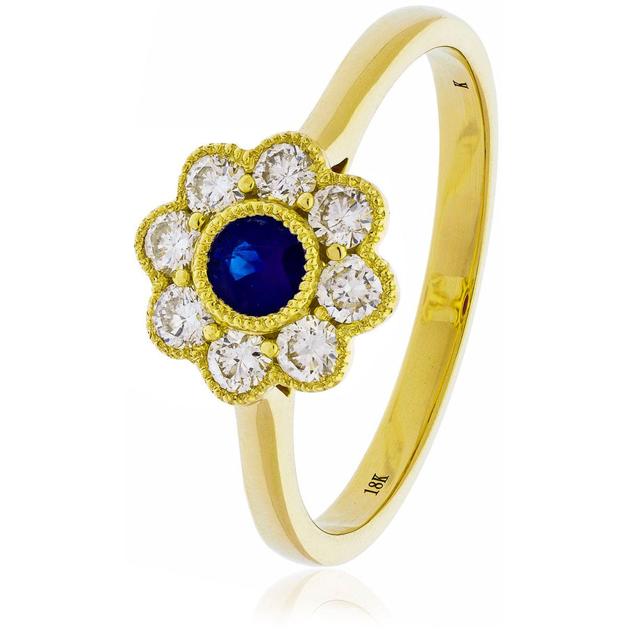 Sapphire & Diamond Cluster Ring 0.65ct F-VS Quality in 18k Yellow Gold - My Jewel World